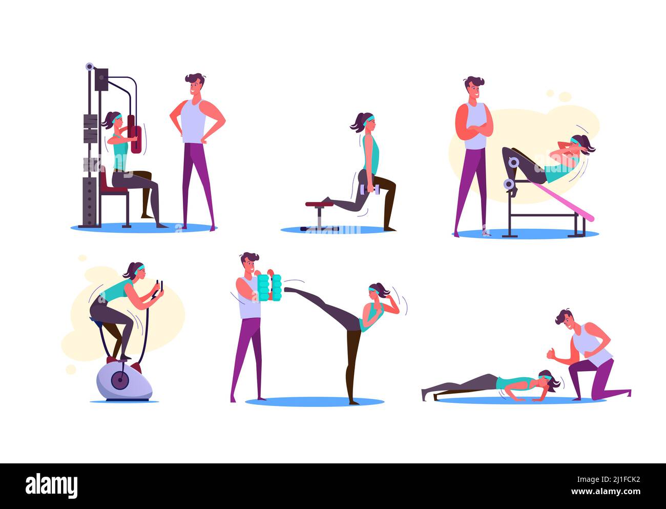 Couples pratiquant l'entraînement. Hommes et femmes faisant du sport en salle de sport. Concept sport. L'illustration vectorielle peut être utilisée pour la présentation, le projet, la page Web Illustration de Vecteur