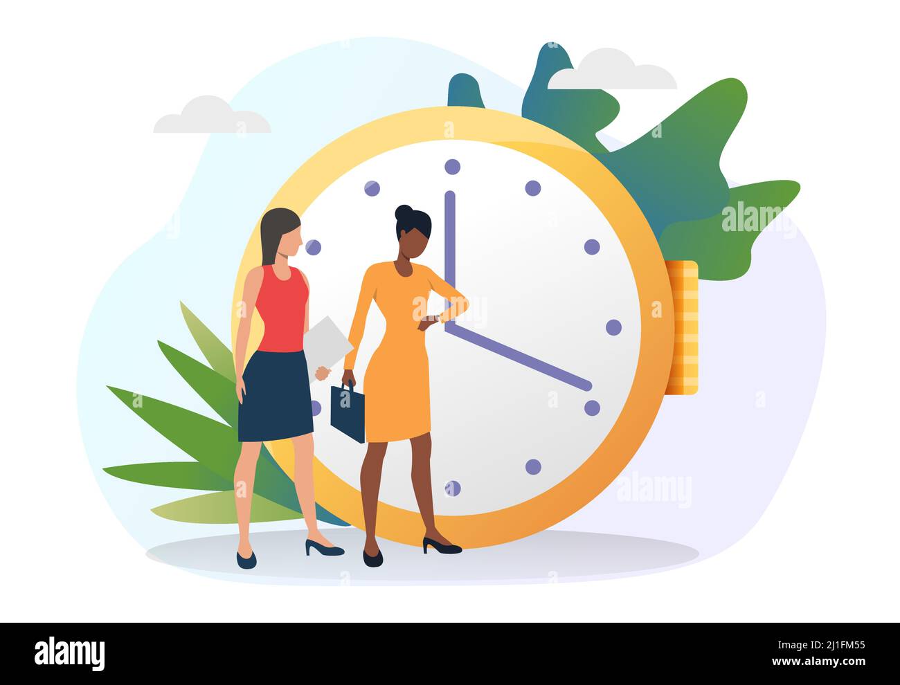 Femmes d'affaires regardant les aiguilles d'une montre. Collègues debout à l'heure, regardant l'heure, consultant la montre. Concept de gestion du temps. Illustration vectorielle pour Illustration de Vecteur