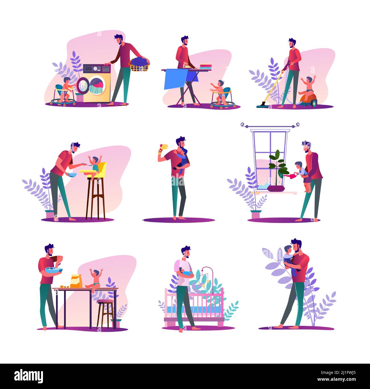 Ensemble maison pour mari. Homme faisant du linge, du repassage, nourrissant bébé. Illustrations vectorielles plates. Congé parental, père à la maison concept de bannière, site web des Illustration de Vecteur