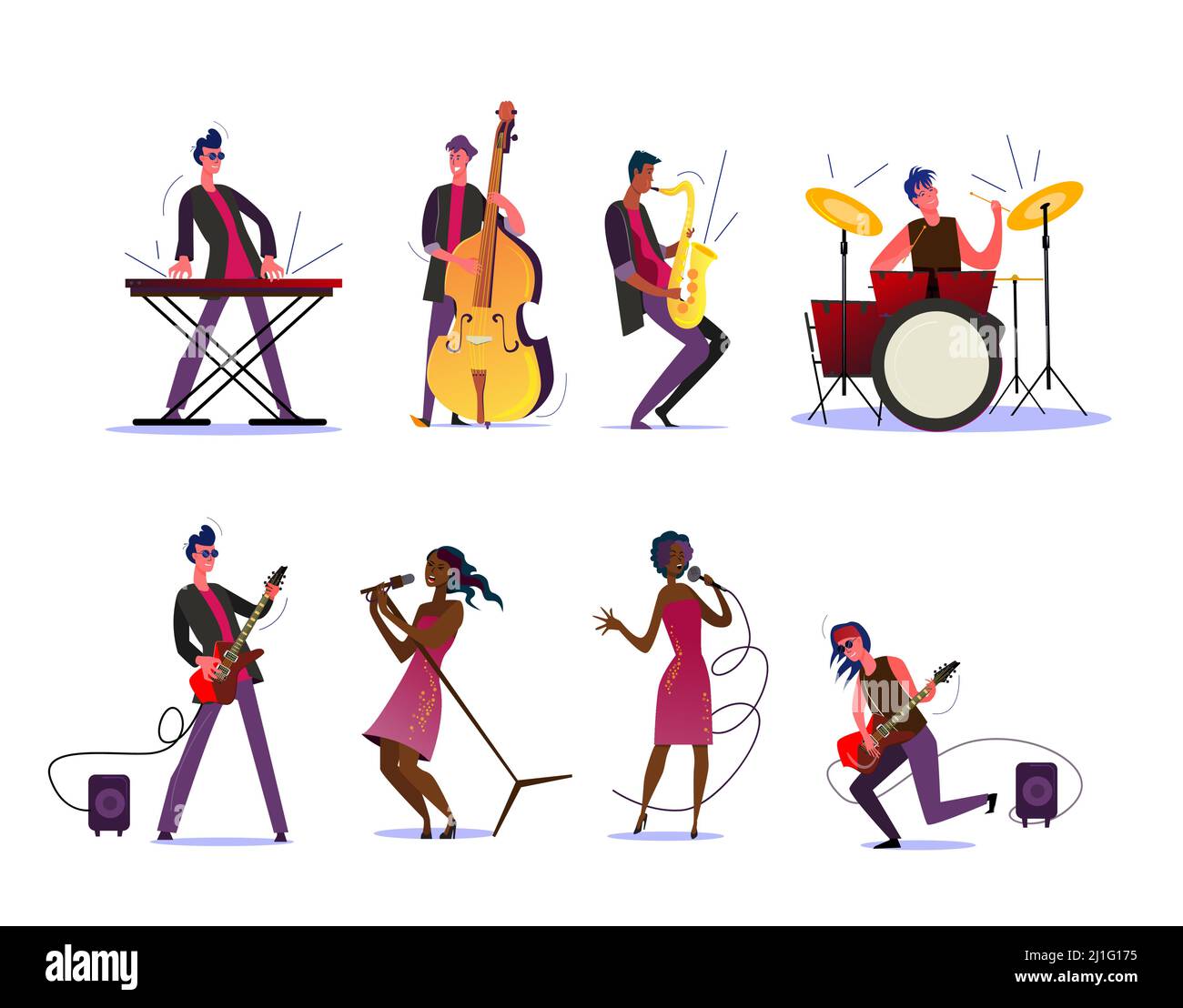 Spectacle musical ou concert. Musiciens jouant des instruments, femme à la peau sombre chantant avec microphone. Illustrations vectorielles plates. Concept de musique pour b Illustration de Vecteur