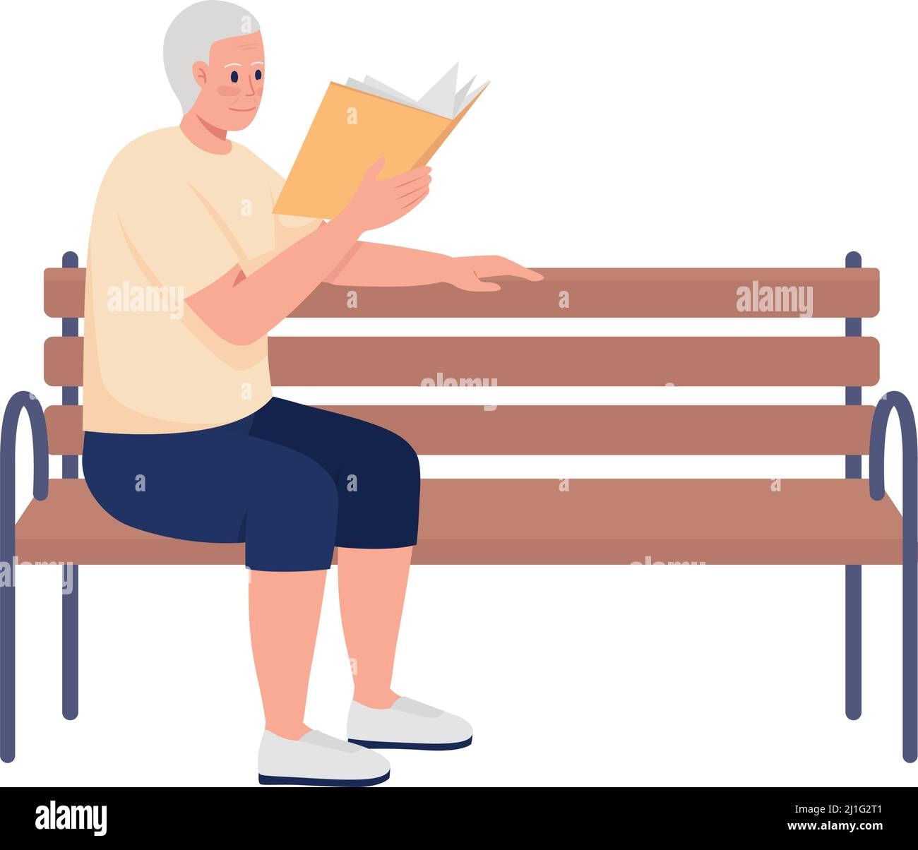 Homme pensionné lisant le livre et assis sur le banc semi plat couleur vecteur caractère Illustration de Vecteur