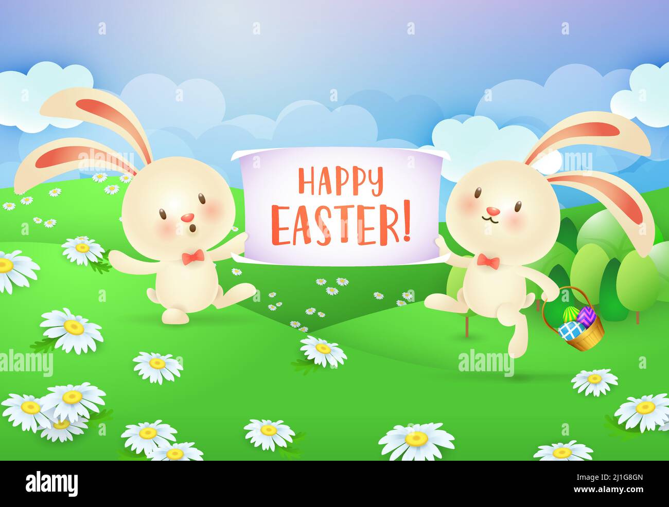 Joyeux Pâques sur la bannière tenue par deux lapins joyeux. Carte de vœux de Pâques. Texte tapé, calligraphie. Pour les cartes de vœux, les affiches, les invitations Illustration de Vecteur