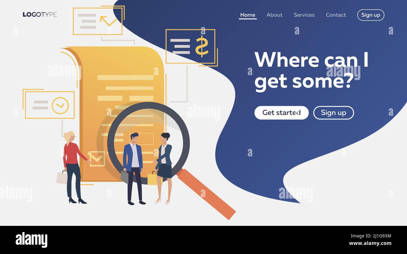 Partenaires se tenant à la loupe et documentent. Partenariat, contrat, illustration de vecteur plat de service juridique. Concept d'affaires pour bannière, conception de site Web o Illustration de Vecteur