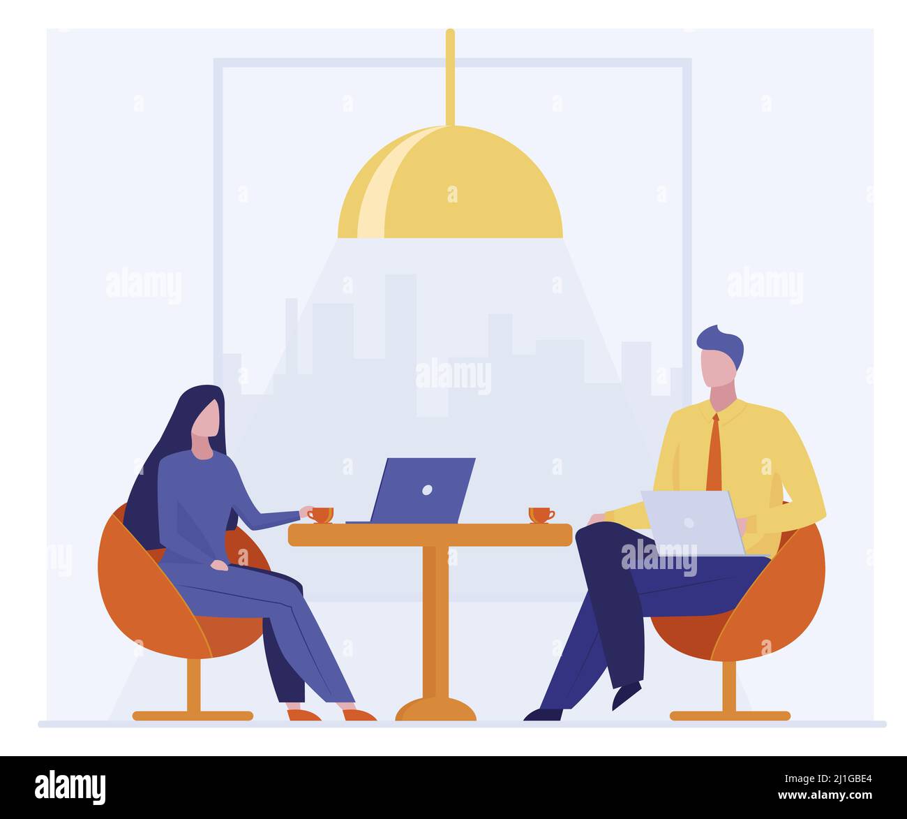 Collègues d'affaires qui boivent du café ensemble. Collabore avec les ordinateurs portables pour discuter de l'illustration vectorielle plate de la transaction. Communication, concept de coopération pour b Illustration de Vecteur