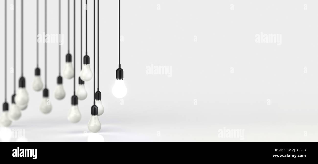 3D ampoule lumineuse entre les autres sur fond gris clair.Leadership, innovation, grandes idées et concepts d'individualité.3d rendu. Banque D'Images