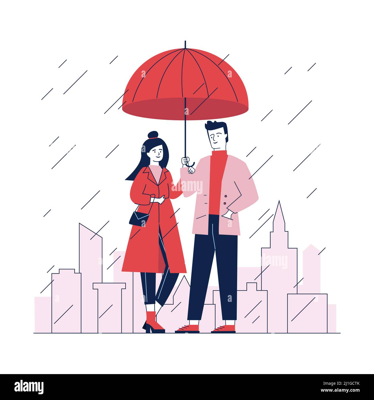 Couple debout sous un parapluie dans la rue le jour de la pluie. Homme et femme dans un élégant manteau rouge dessin vectoriel plat. Les gens devant le paysage urbain avec des Illustration de Vecteur