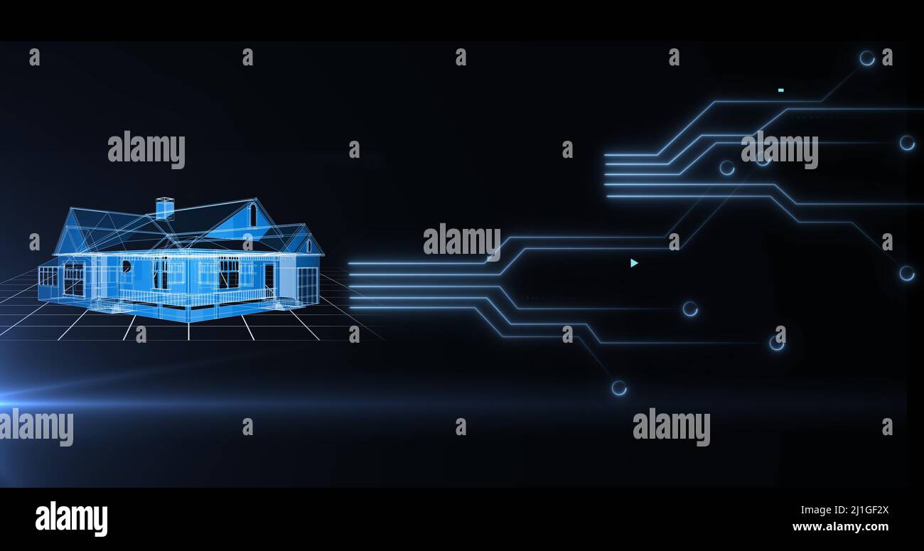 Image du traitement des données avec le modèle de maison 3D sur la carte de circuit imprimé de l'ordinateur Banque D'Images