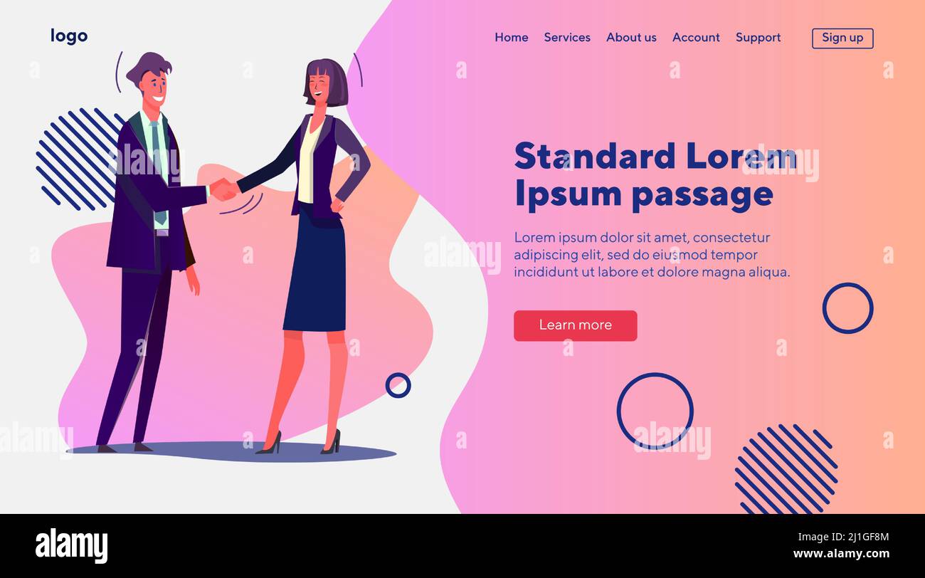 Des partenaires commerciaux qui se secouent la main. Poignée de main homme et femme, rencontre l'illustration vectorielle plate. Travail d'équipe, succès, concept de contrat pour bannière, site web de Illustration de Vecteur