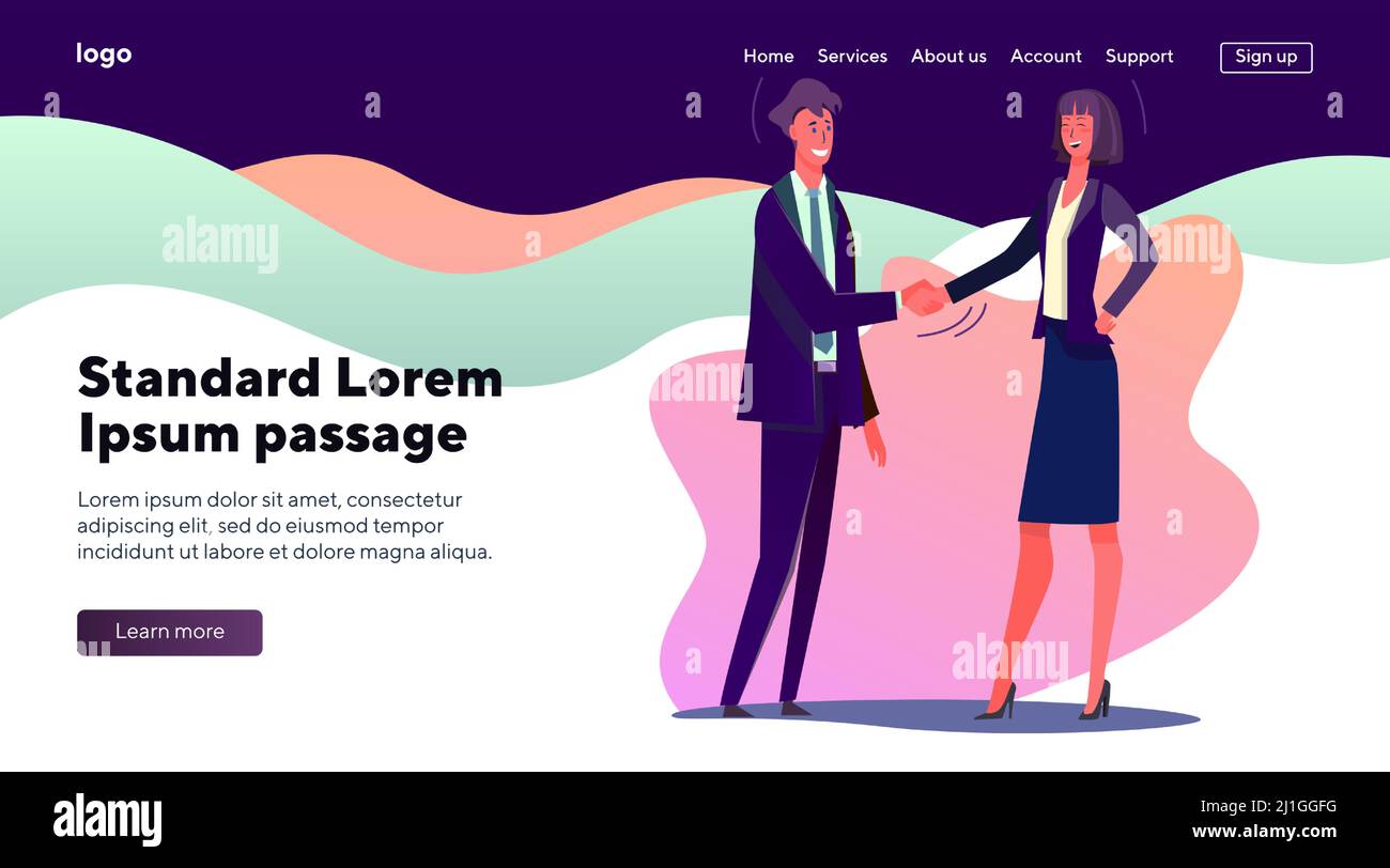 Homme d'affaires et femme qui se secouent la main. Les employés de bureau viennent à terme illustration vectorielle plate. Accord, partenariat, communication concept pour bannière Illustration de Vecteur