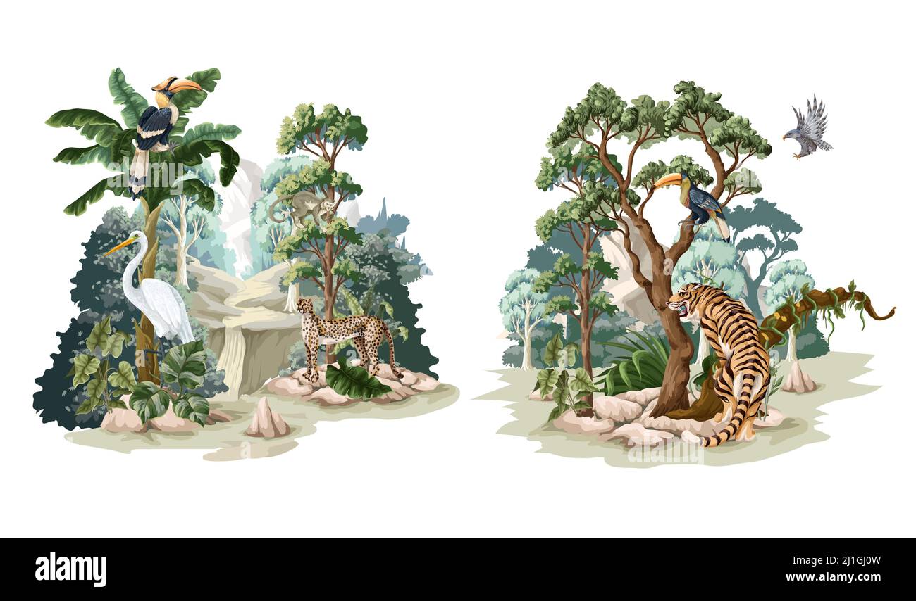 Paysage de la jungle avec les animaux. Imprimé intérieur vectoriel. Illustration de Vecteur