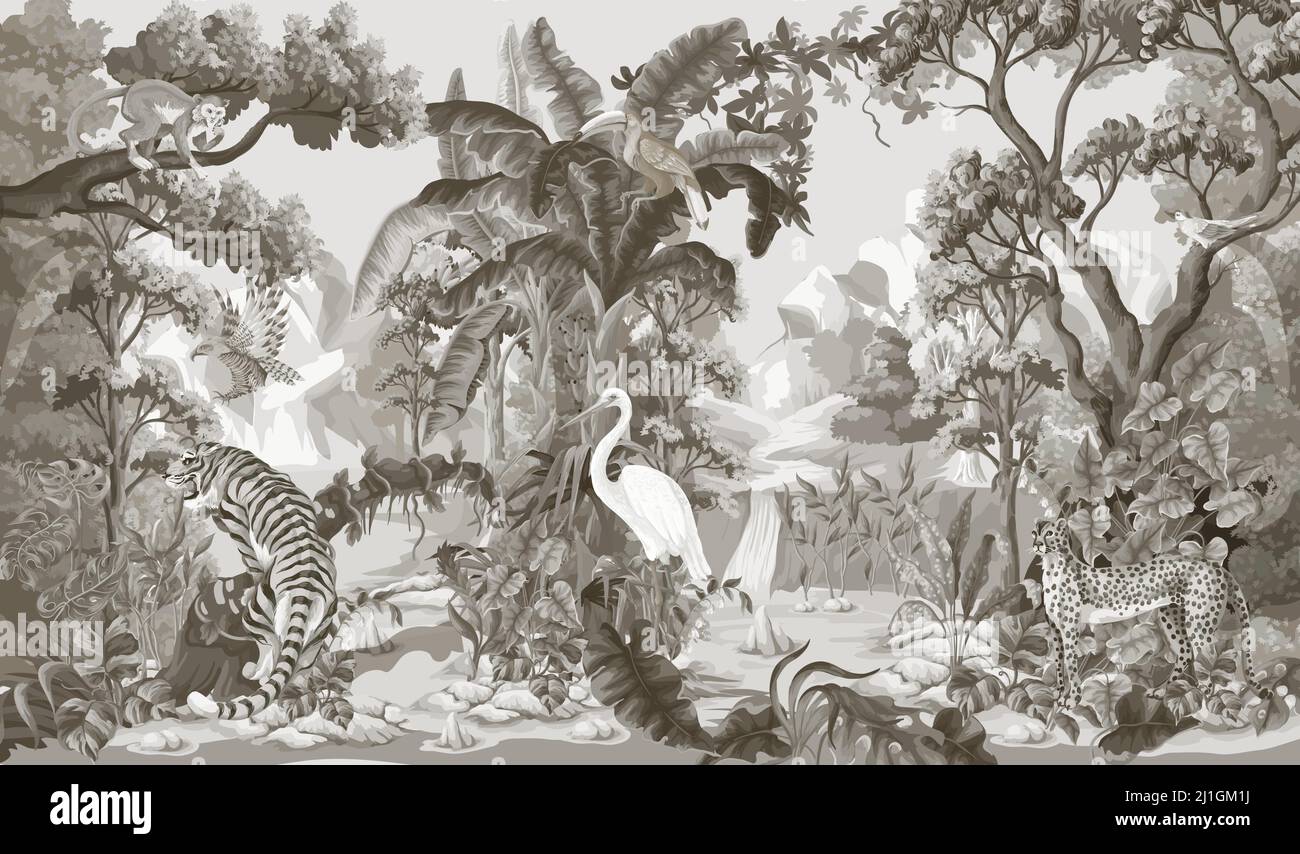 Paysage de la jungle avec les animaux. Impression vectorielle monochrome à l'intérieur. Illustration de Vecteur