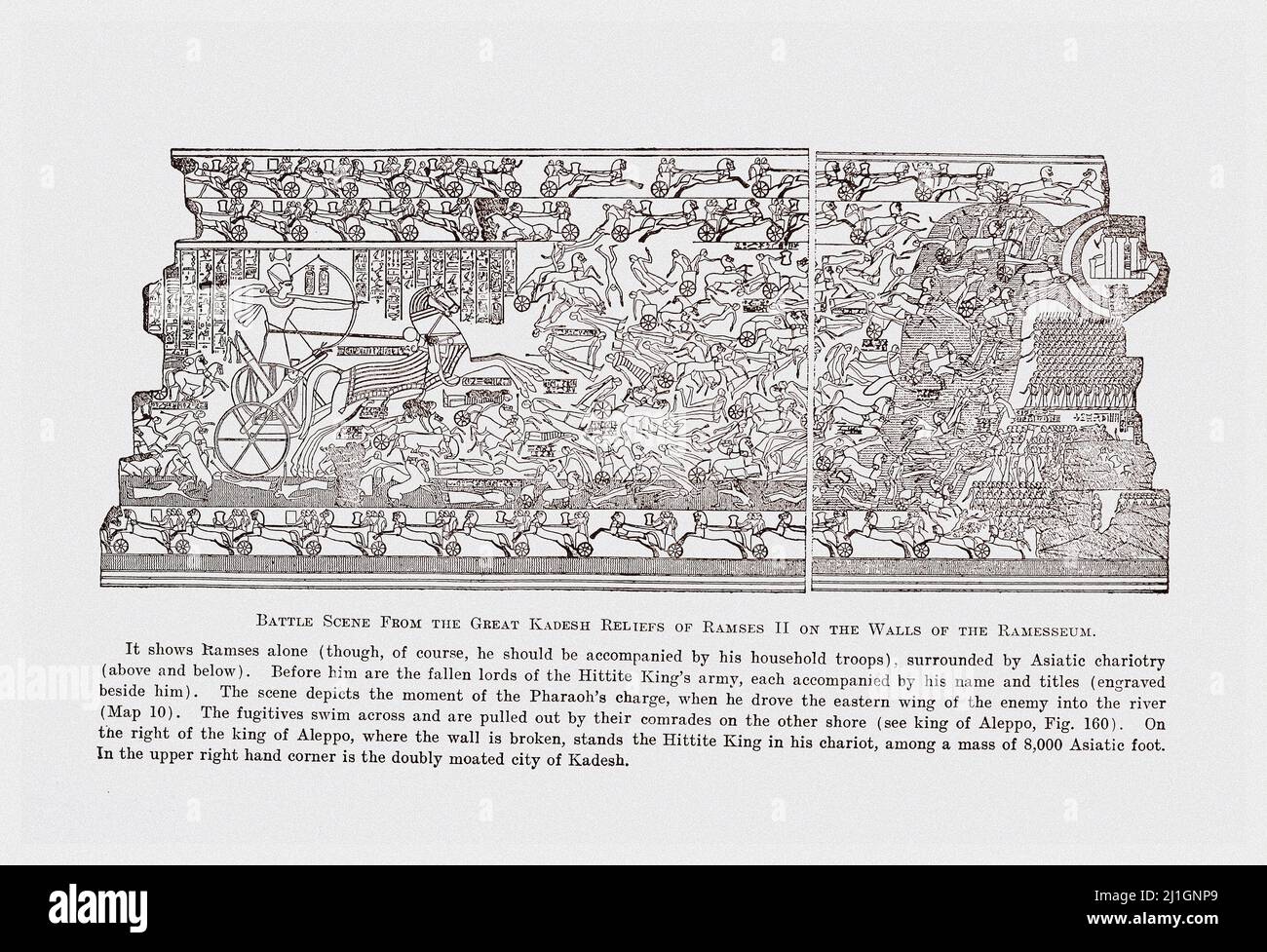 Égypte ancienne. Le Nouveau Royaume (1549–1069 av. J.-C.). Illustration de la scène de bataille de 1912 des grands reliefs de Kadesh de Ramsès II sur les murs de la Ramess Banque D'Images