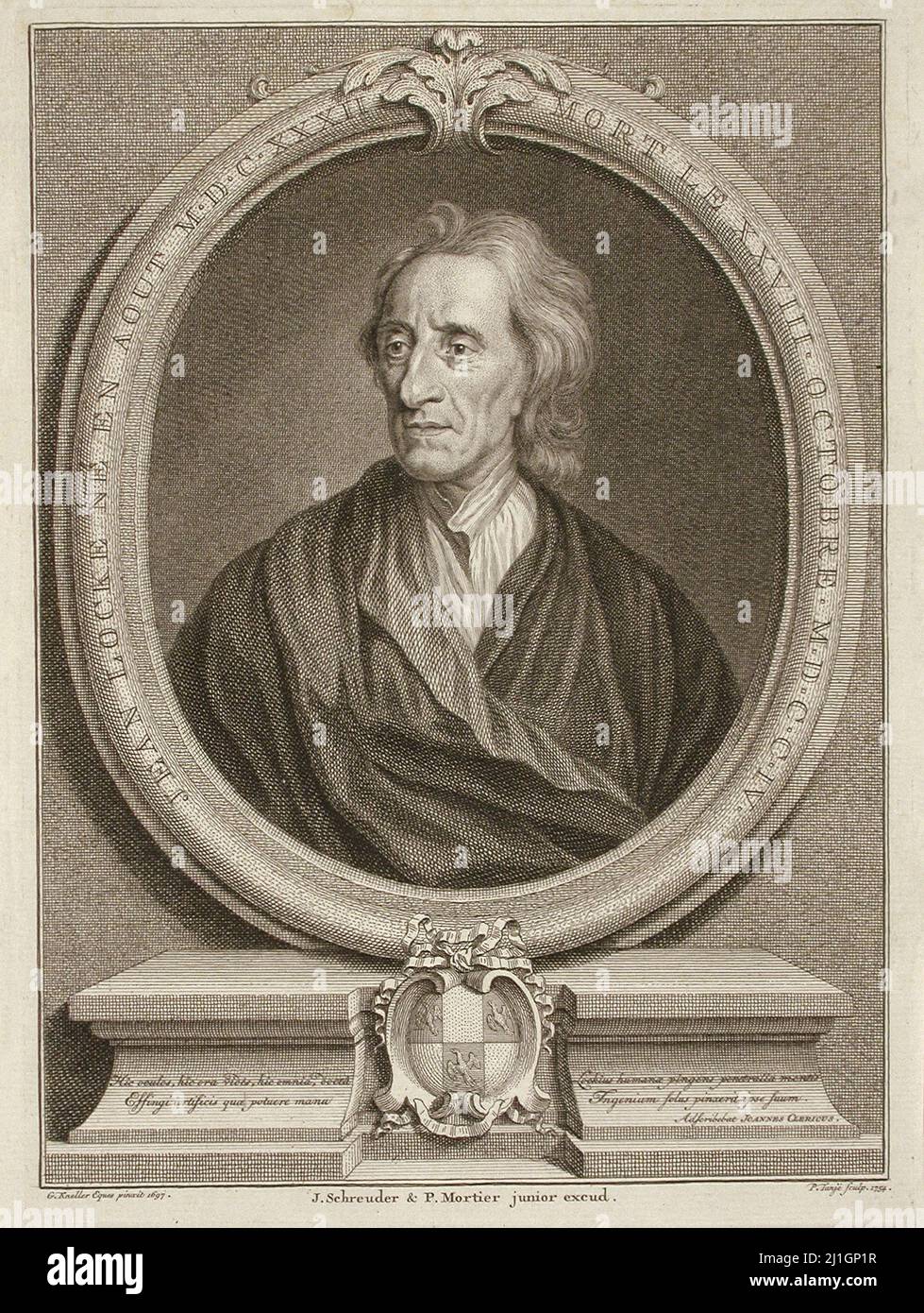 Gravure portrait de John Locke. Par Pieter Tanjé (1706-1760). 18th-Century John Locke FRS (1632 – 1704) était un philosophe et médecin anglais, wid Banque D'Images