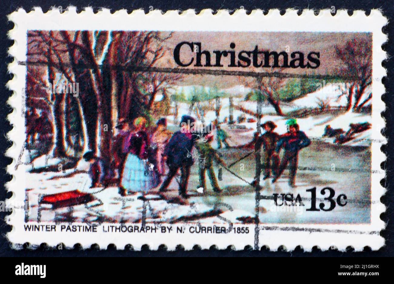 ÉTATS-UNIS D'AMÉRIQUE - VERS 1976 : un timbre imprimé aux États-Unis d'Amérique montre la peinture Winter passe-temps, par Nathaniel Currier, vers 1976 Banque D'Images