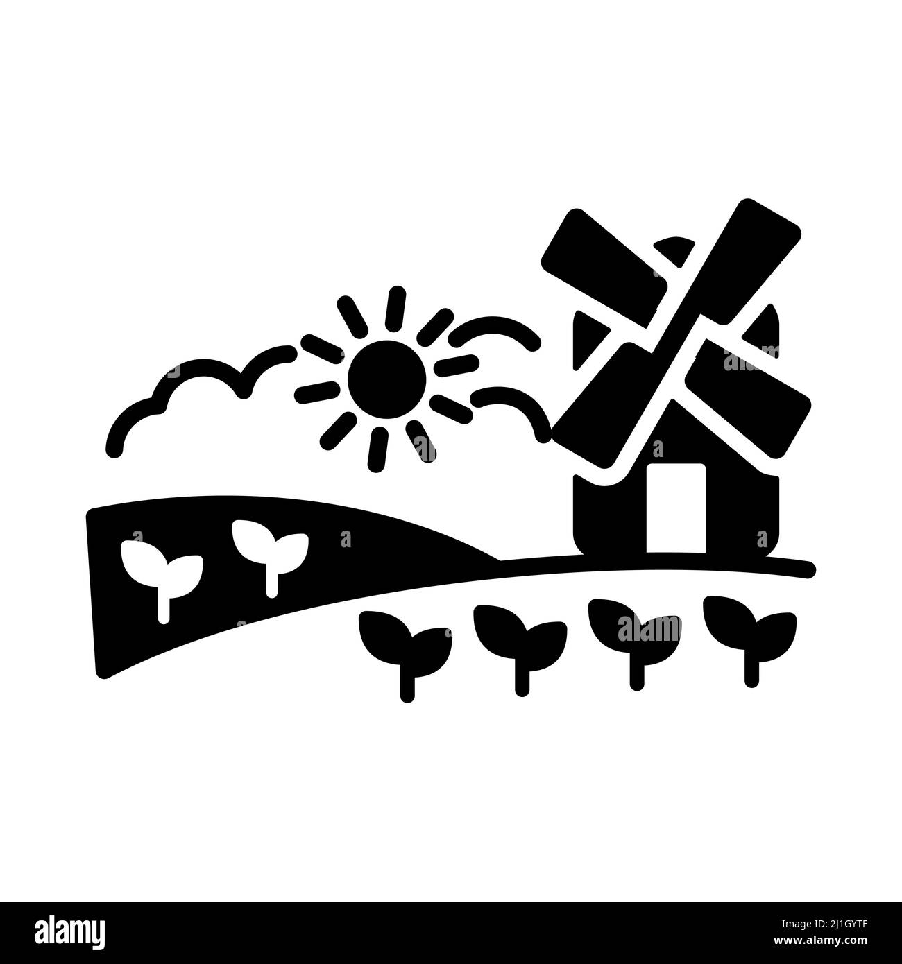 Paysage rural avec icône de glyphe de moulin à vent. Panneau Agriculture. Symbole graphique pour la conception de votre site Web, votre logo, votre application, votre interface utilisateur. Illustration vectorielle, EPS10. Illustration de Vecteur