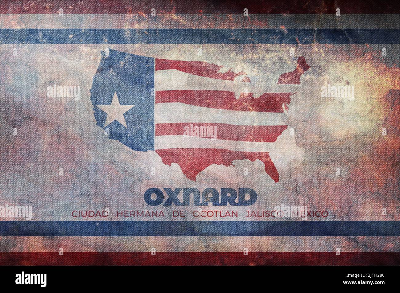 Vue de dessus du drapeau rétro d'Oxnard, Californie, États d'Amérique déliés avec texture grunge. USA patriote et Voyage concept. Pas de mât. Conception de plans, Banque D'Images