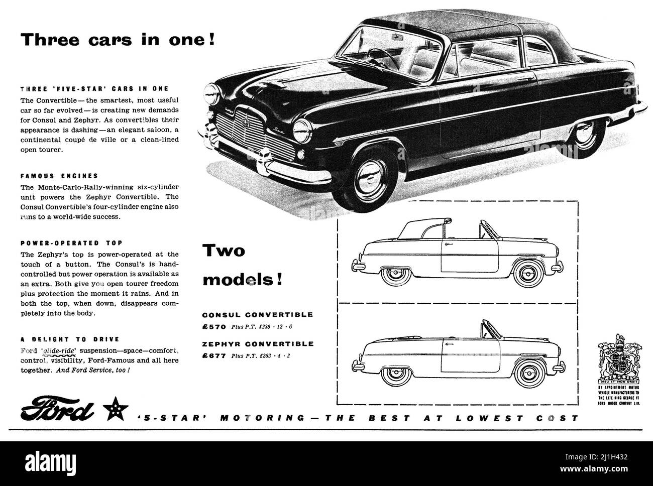 1955 publicité britannique pour les voitures Ford convertibles Consul et Zephyr. Banque D'Images