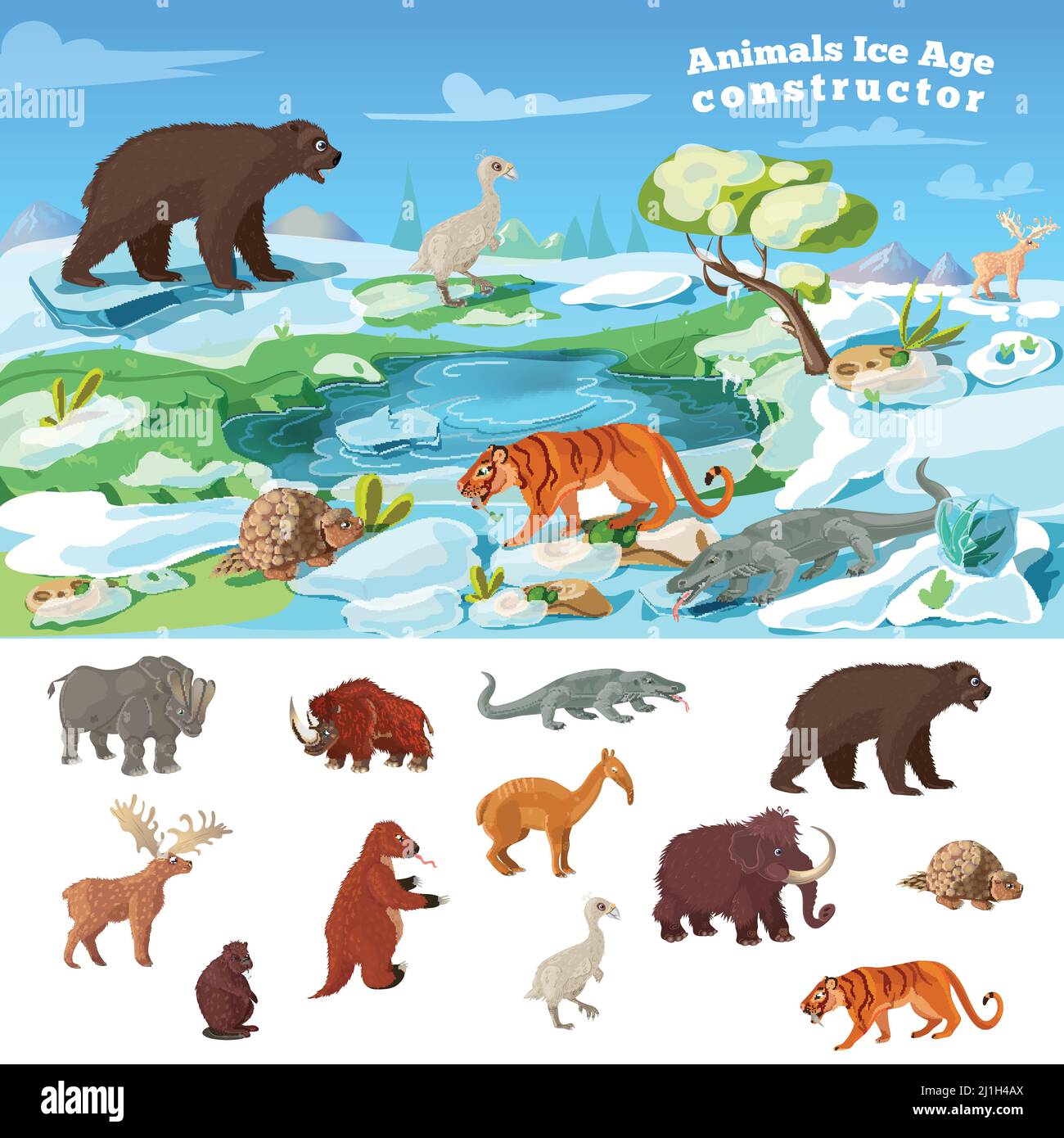 Concept d'âge de glace des animaux avec conception et ensemble de faune bêtes de la période préhistorique isolé illustration de vecteur Illustration de Vecteur