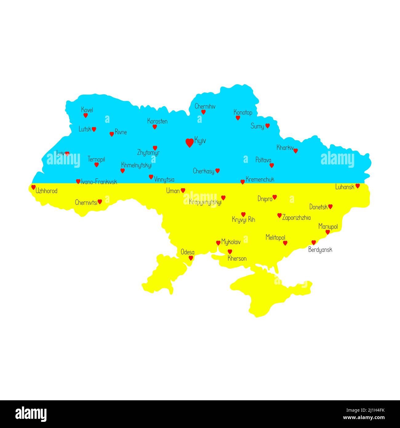 Carte de l'Ukraine en couleur de drapeau national traditionnel bleu et jaune, symbole du ciel clair et des champs mûrs de blé ou de tournesol Illustration de Vecteur