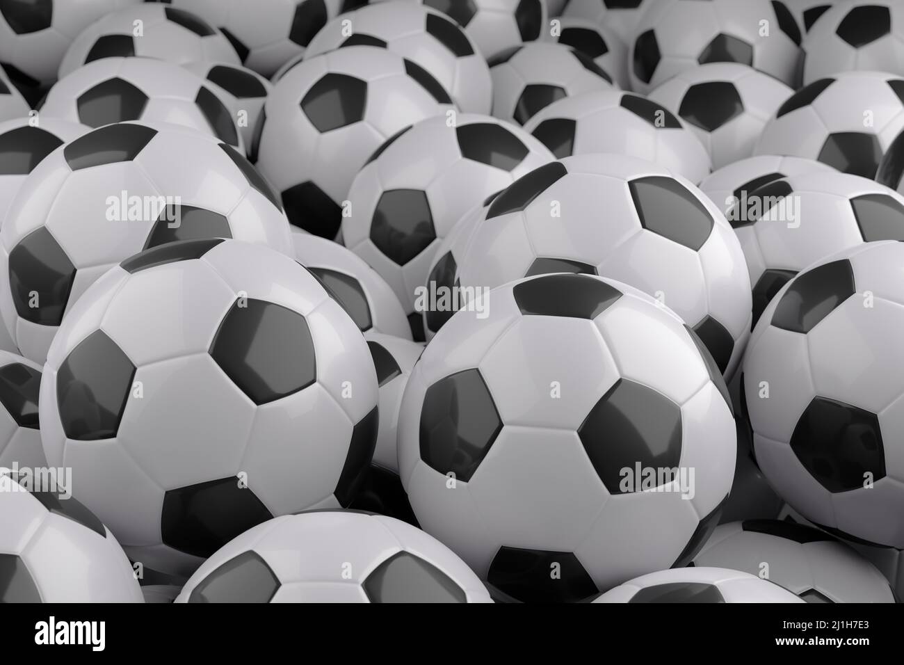 Fond noir et blanc de ballons de football. 3d illustration. Banque D'Images