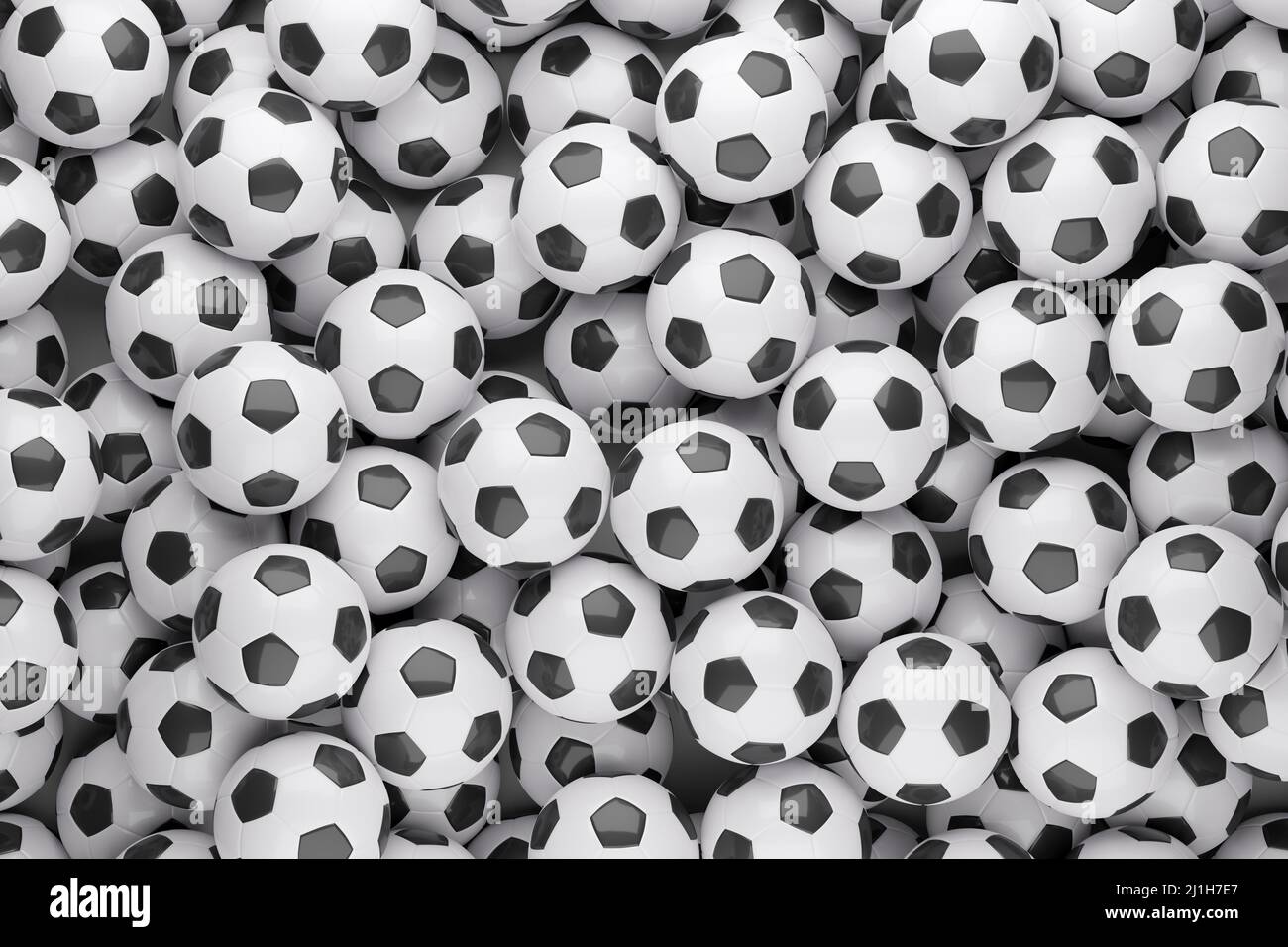 Fond noir et blanc de ballons de football. Vue de dessus. 3d illustration. Banque D'Images