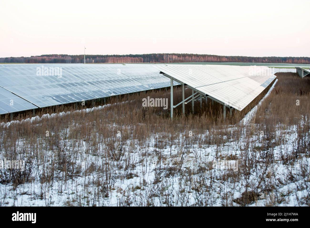 Panneaux solaires enneigés vus à une usine de Lakie. Les installations photovoltaïques en Pologne ont battu des records de popularité ces dernières années, tant chez les entrepreneurs que chez les particuliers. Actuellement, la capacité photovoltaïque installée en Pologne est de plus de 8 000 MW. Banque D'Images