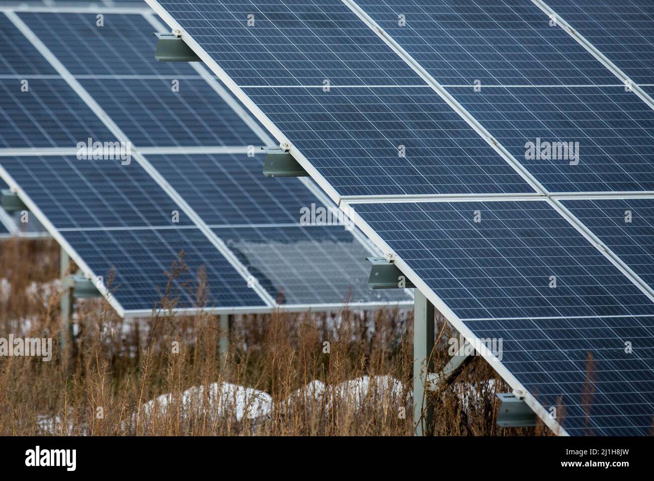 Lakie, Lubusz Voivodeship, Pologne. 25th décembre 2021. Panneaux solaires vus dans une usine de Lakie. Les installations photovoltaïques en Pologne ont battu des records de popularité ces dernières années, tant chez les entrepreneurs que chez les particuliers. Actuellement, la capacité photovoltaïque installée en Pologne est de plus de 8 000 MW. (Credit image: © Karol Serewis/SOPA Images via ZUMA Press Wire) Banque D'Images
