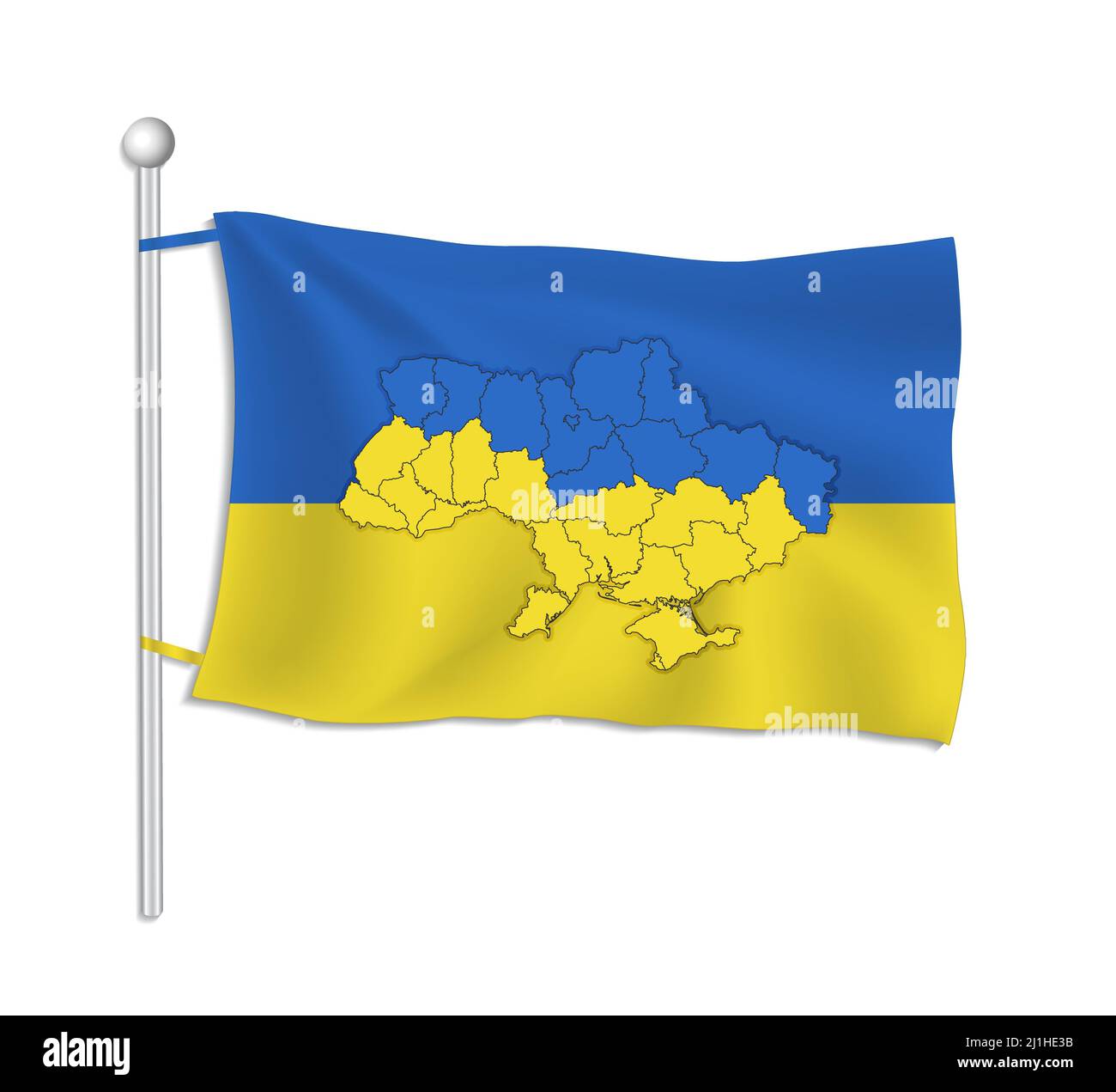 Drapeau de l'Ukraine avec carte divisée sur les régions, fond blanc, blanc Banque D'Images