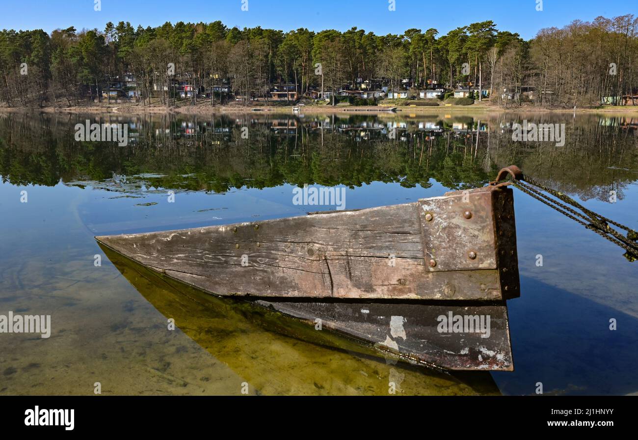 Schernsdorf, Allemagne. 24th mars 2022. Vue sur le Schervenzsee dans le parc naturel Schlaubetal sur les petites cabanes sur la zone du camping.(à dpa: 'Shillettes Glück, trauter Campingplatz - Saison startet') Credit: Patrick Pleul/dpa-Zentralbild/dpa/Alamy Live News Banque D'Images