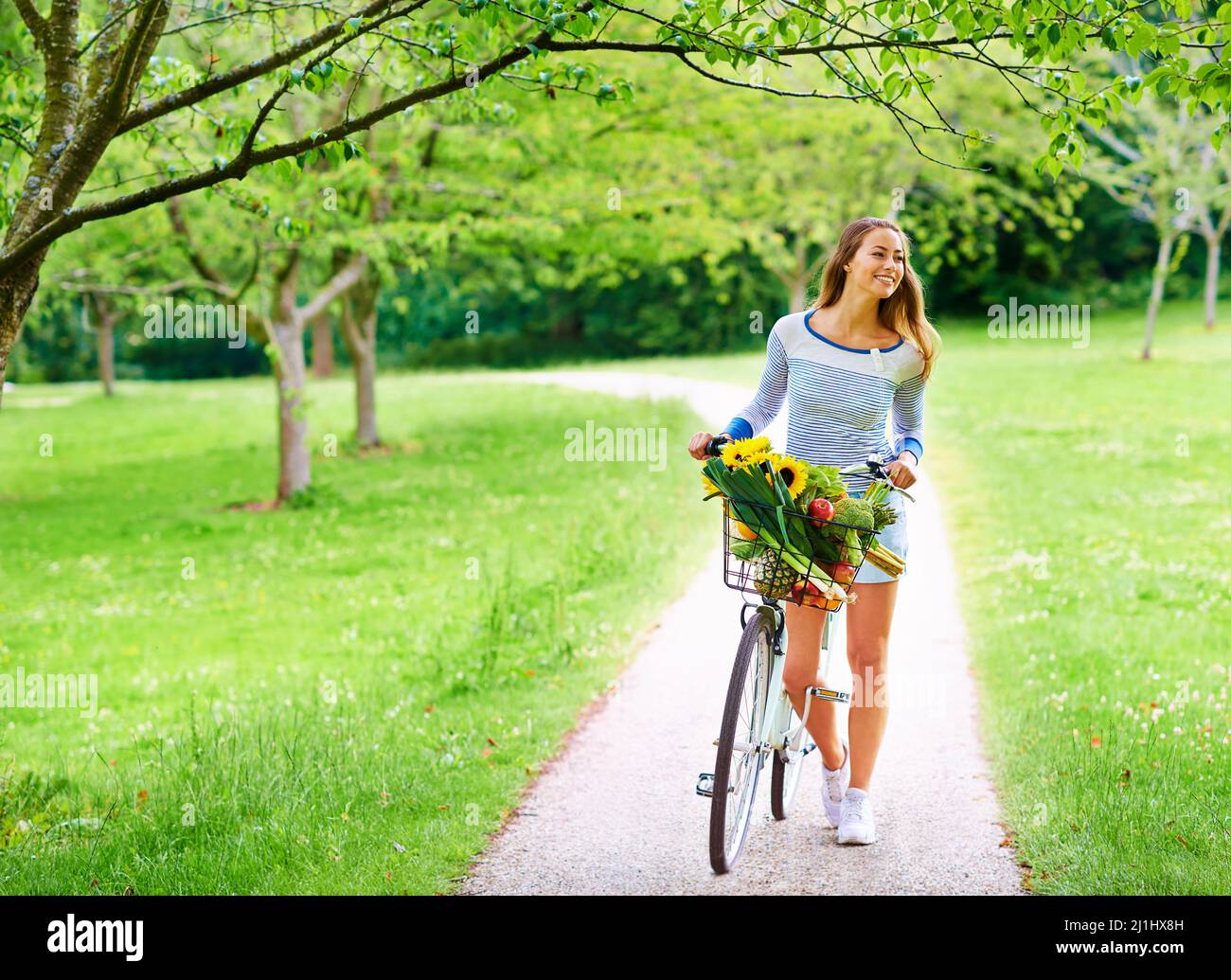 La route panoramique est toujours meilleure. Photo d'une jeune femme en vélo dans le parc. Banque D'Images