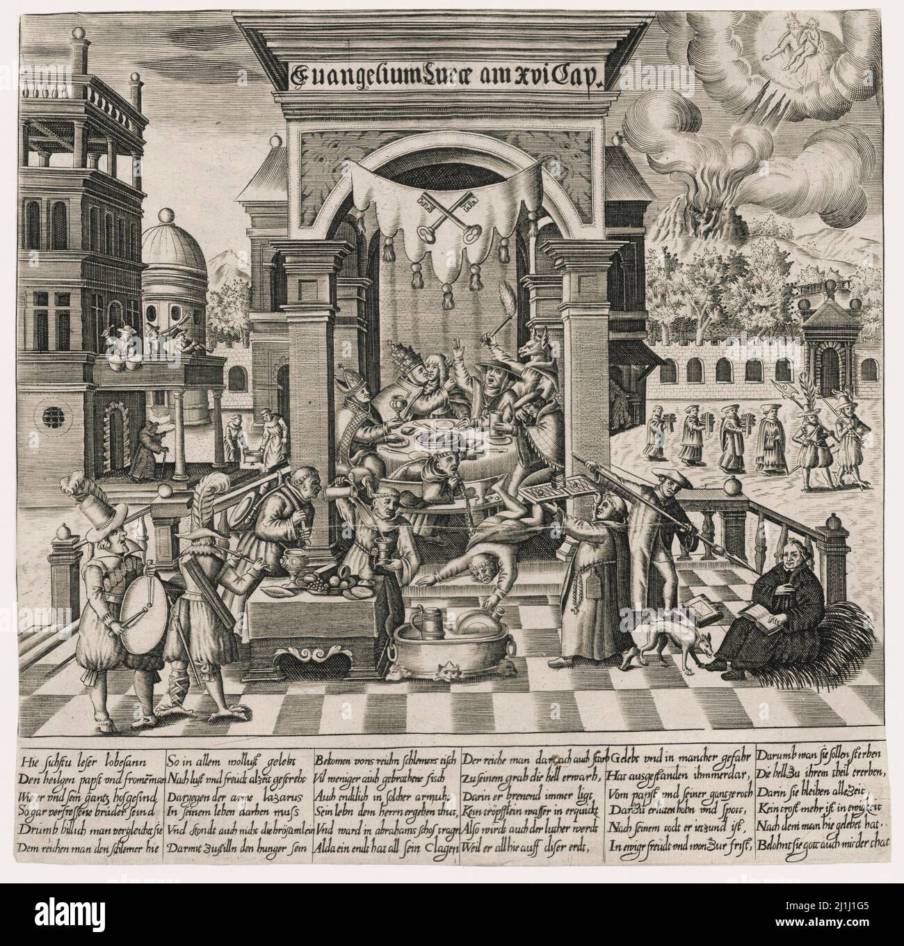 Gravure sarcastique protestante anti-catholique : l'Evangile de Luc au 16th siècle. 1570 l'Evangile selon Luc, appelé aussi l'Evangile de Luk Banque D'Images
