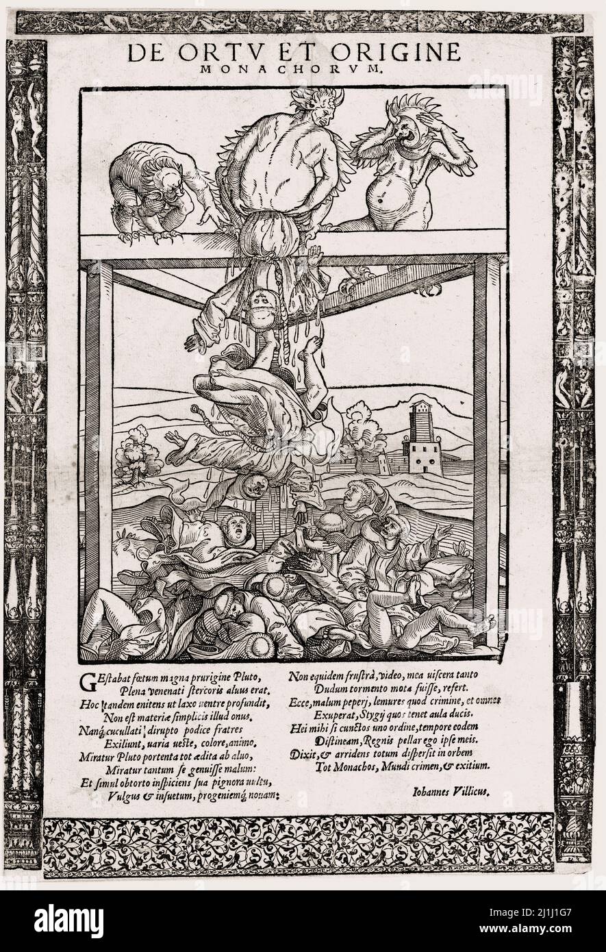 Gravure de la satire anti-catholique de la réforme. Sur la Source et l'origine des Monks (1545) trois diables perchoir sur un gouche, dont l'un le soulage Banque D'Images