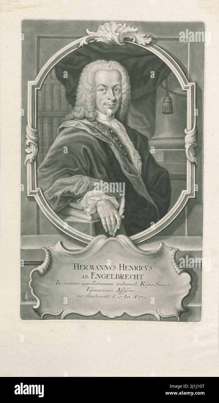 Gravure de Hermann Heinrich von Engelbrecht, 1750 Hermann Heinrich von Engelbrecht (1709 - 1760) est un juriste suédois-Pomeranien et vice-président Banque D'Images
