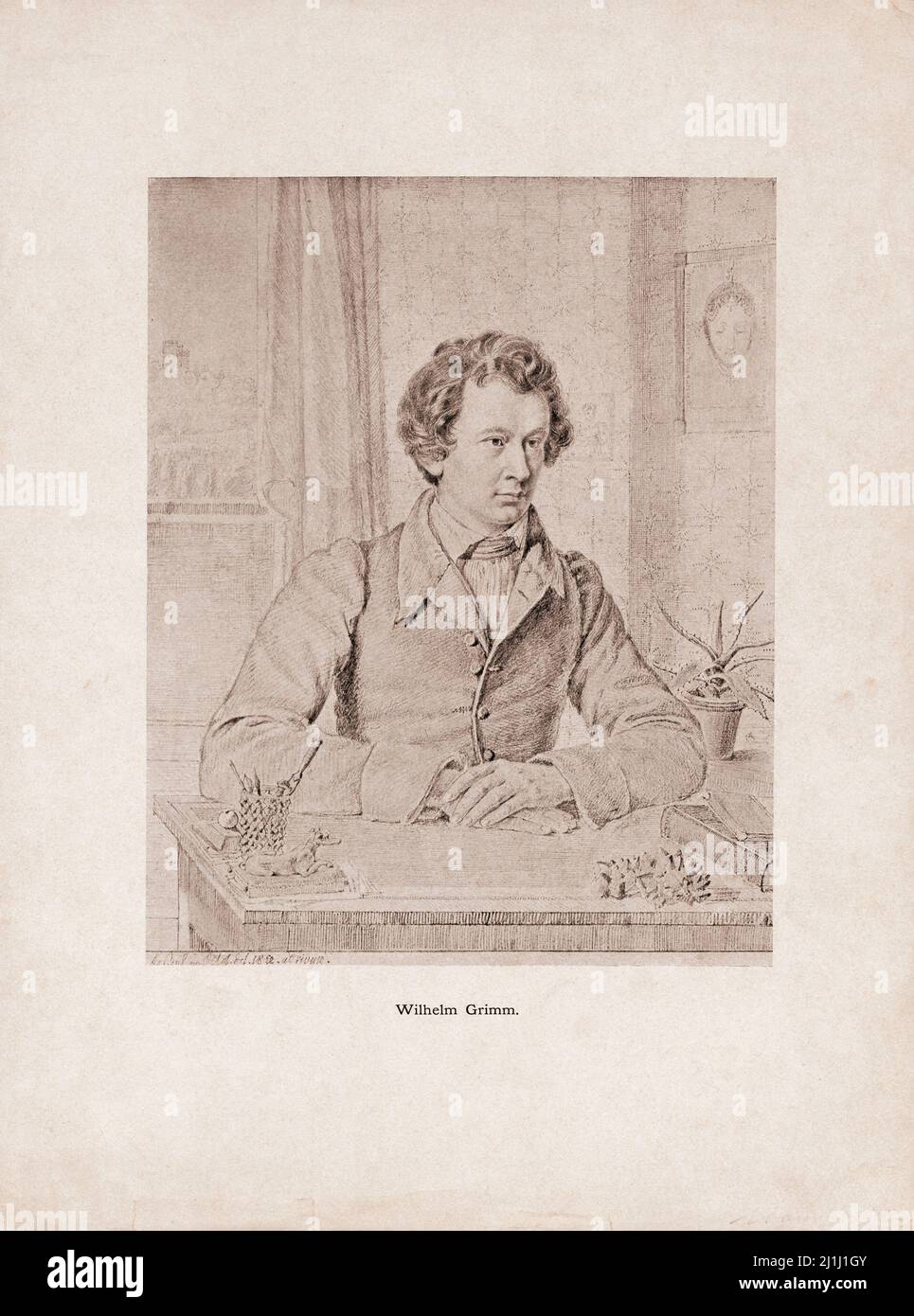 Gravure portrait de Wilhelm Grimm. 1822 Wilhelm Carl Grimm (1786–1859) est un auteur et anthropologue allemand, et le frère cadet de Jacob Grim Banque D'Images