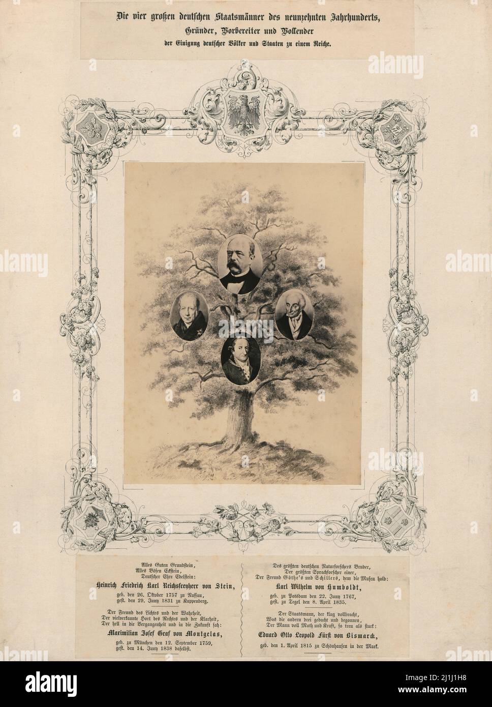 Gravure des quatre grands hommes d'État allemands du 19th siècle fondateurs, préparateurs et finaliseurs de l'unification des peuples et des États allemands dans Banque D'Images