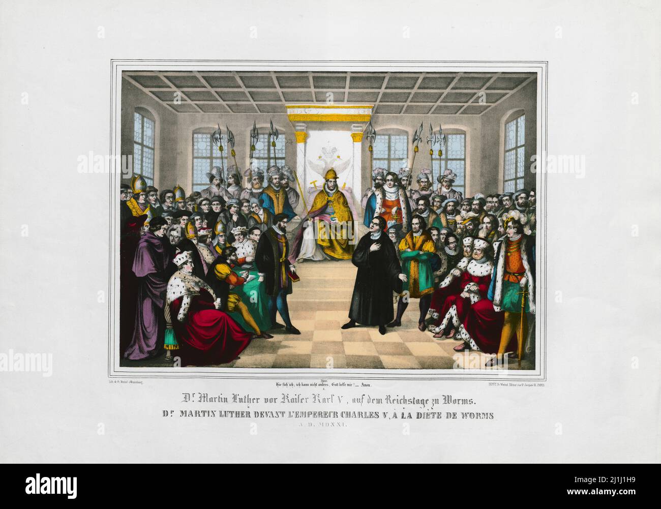 Gravure du Dr. Martin Luther devant l'empereur Charles V au Reichstag dans Worms : ici je suis, je ne peux pas l'aider, Dieu m'aide! Amen ; MDXXI, 1800 Banque D'Images