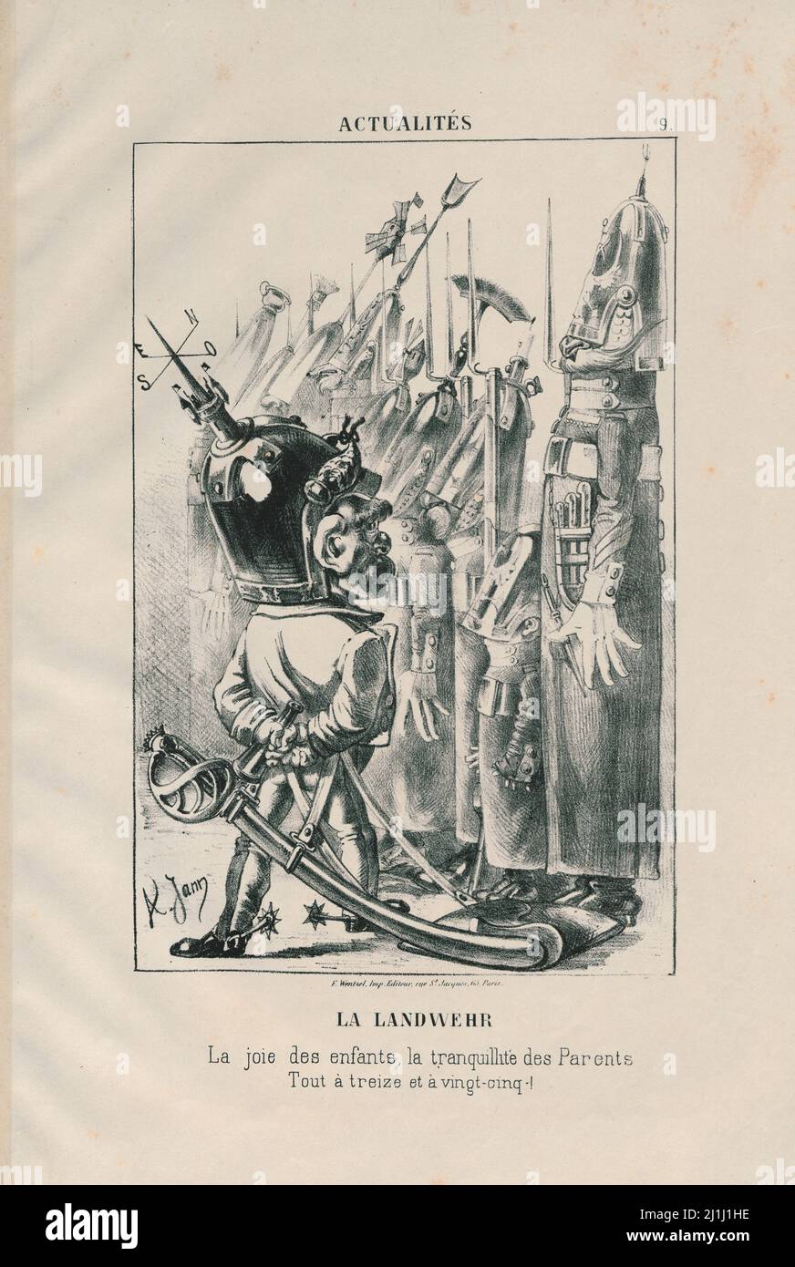 Caricature française anti-prussienne vintage. 1870 la Landwehr: La joie des enfants, la tranquillité des parents, tous á treize et á vingt-cinq! Banque D'Images