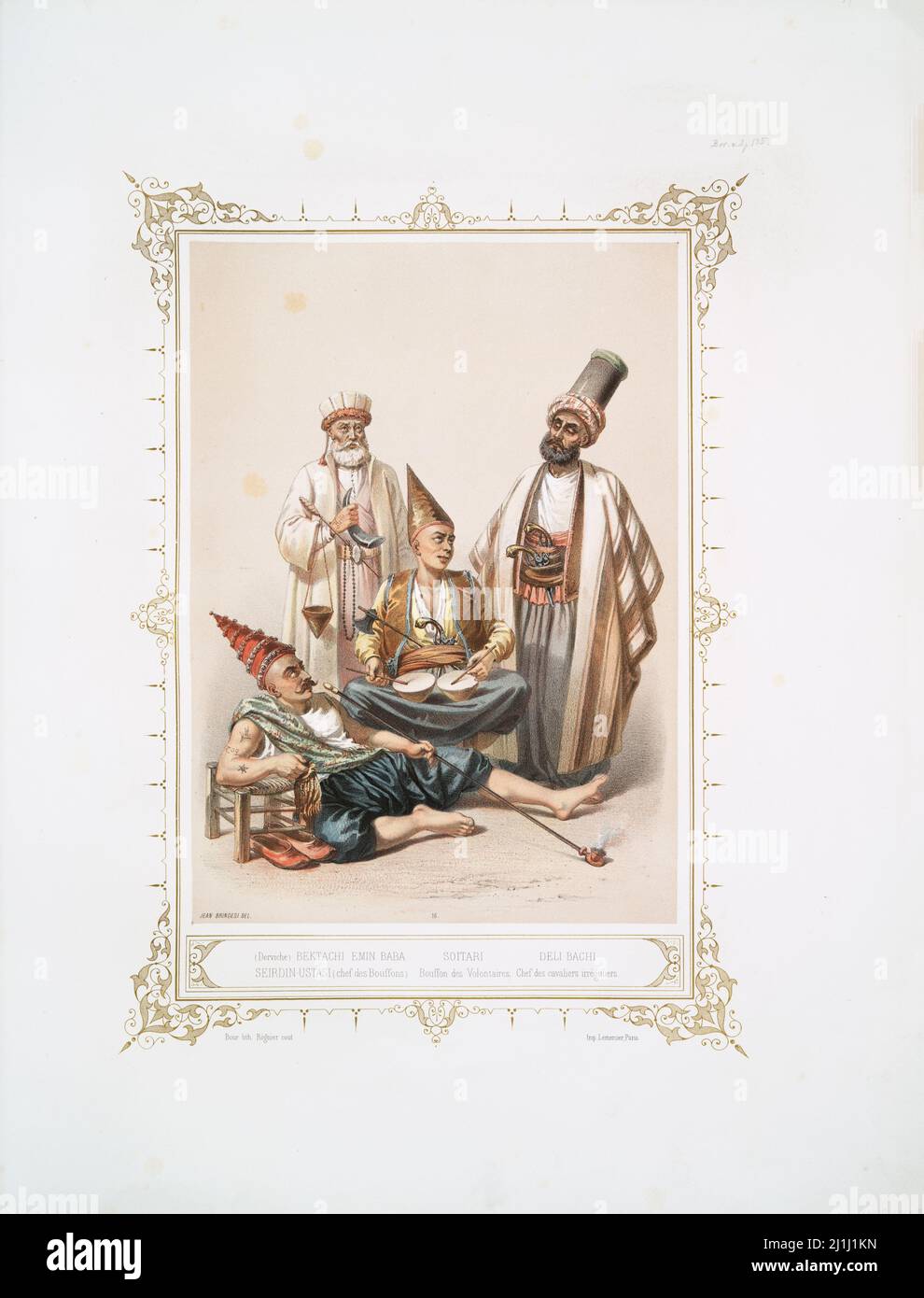 Lithographie des derviches turques: Bektachi Emin Baba, Seirdin-Ustasi (chef des Bouffons), Soitari Jester des volontaires, Deli Bachi, commandant de la Th Banque D'Images