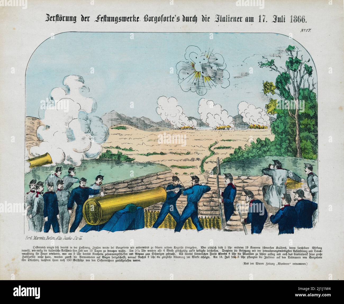 Lithographie de la destruction des fortifications de Borgoforte par les Italiens le 17 juillet 1866 pendant la troisième guerre d'indépendance italienne Banque D'Images
