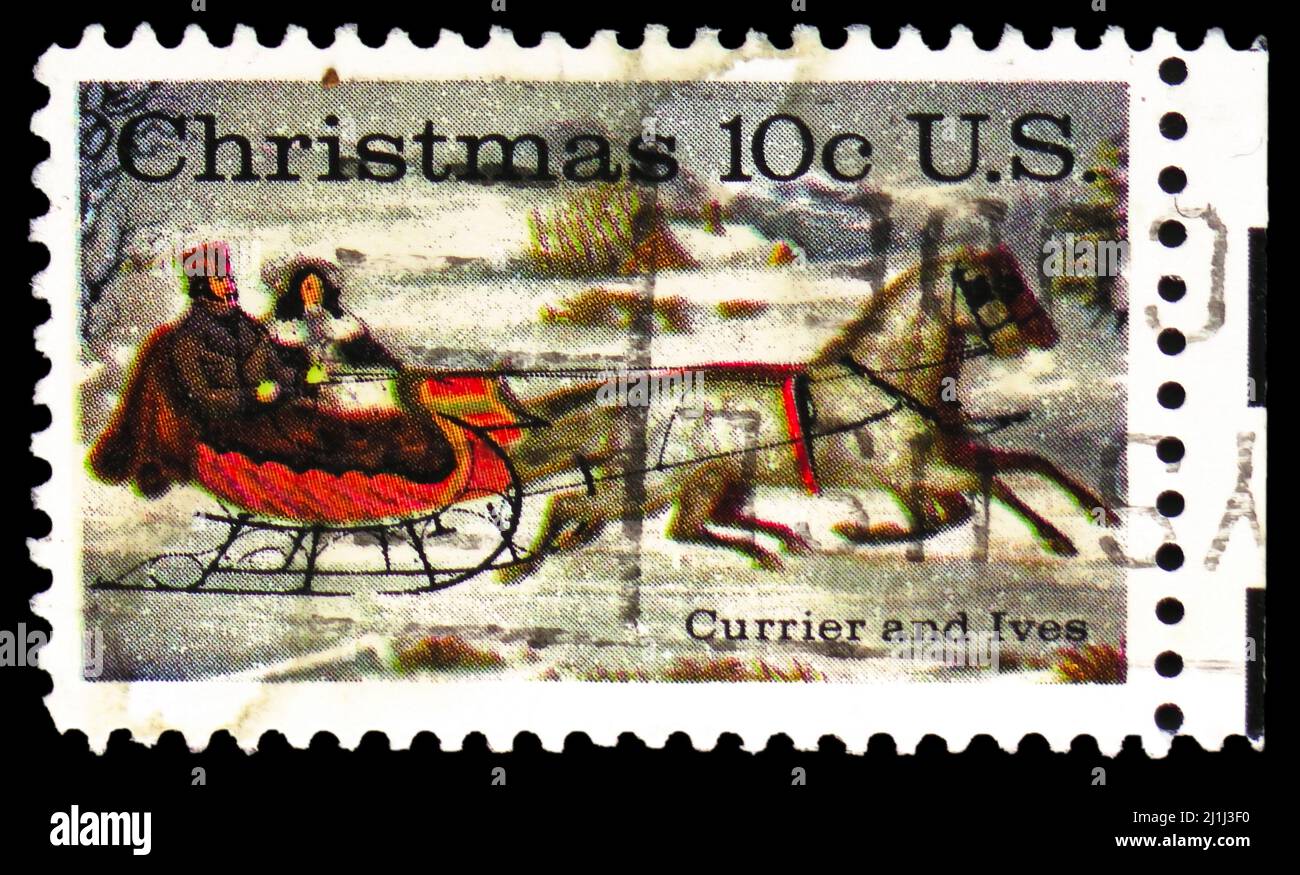 MOSCOU, RUSSIE - 12 MARS 2022 : le timbre-poste imprimé aux États-Unis montre 'The Road-Winter' par Currier et Ives, série de Noël, vers 1974 Banque D'Images
