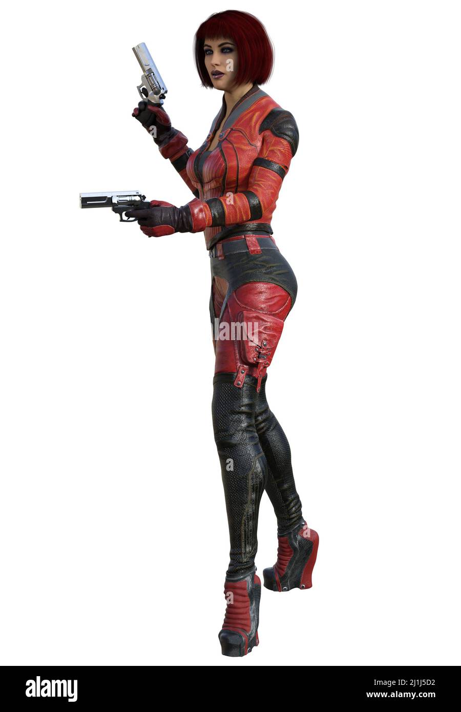 Jeune fille futuriste Warrior avec arme à feu en uniforme rouge, 3D rendu sur fond blanc Banque D'Images