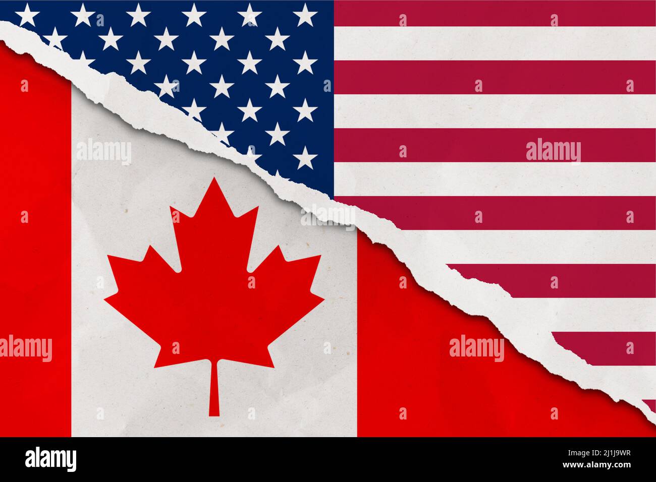 Etats-Unis et Canada drapeau papier déchiré grunge fond. Résumé économie des États-Unis et du Canada, conflits politiques, concept de guerre Banque D'Images