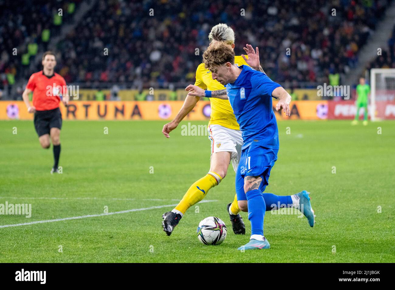 Bucarest, Roumanie. 25th mars 2022. Kostas Tsimikas #21 de Grèce lors du match amical entre les équipes nationales de Roumanie et de Grèce au stade 'Steaua' de Bucarest, Roumanie. 25.03.2022. Photo: Copyright 2020, crédit: Cronos/Alamy Live News Banque D'Images