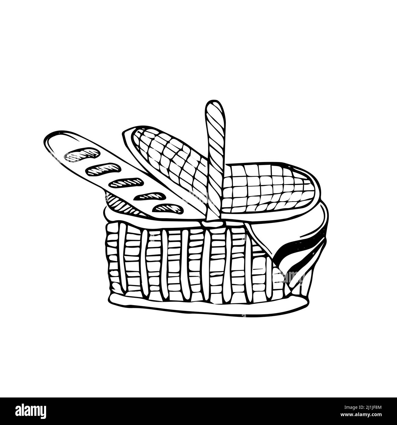 Panier en osier dessiné à la main, isolé sur fond blanc. Panier ovale haut pour un pique-nique, pour la collecte de champignons et de baies, pour Pâques, pour des vacances Illustration de Vecteur