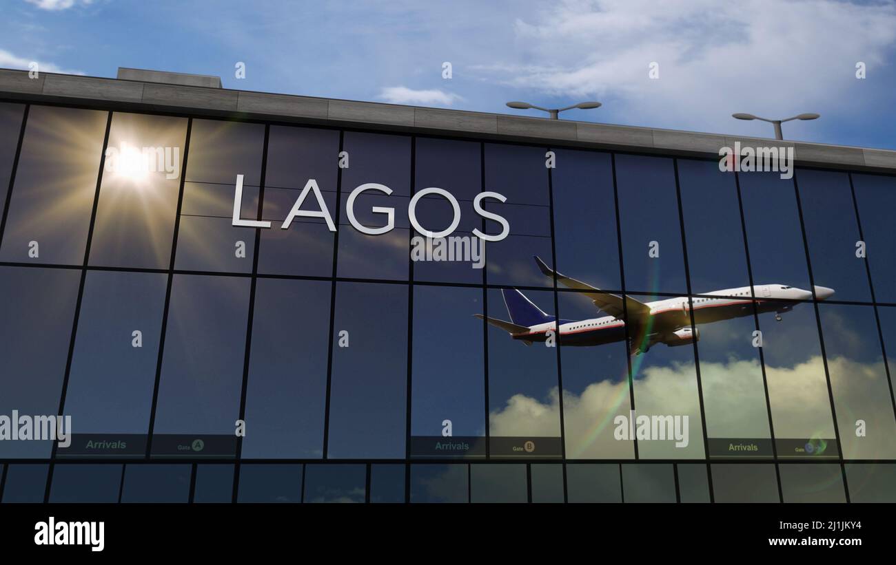 Atterrissage d'un avion à Lagos, Nigeria 3D, en illustration. Arrivée en ville avec le terminal de verre de l'aéroport et le reflet de l'avion à réaction. Voyages, Banque D'Images