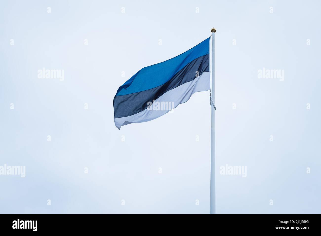 Drapeau de l'Estonie sur fond bleu ciel. Drapeau estonien agitant sous le vent et la lumière du soleil. Banque D'Images