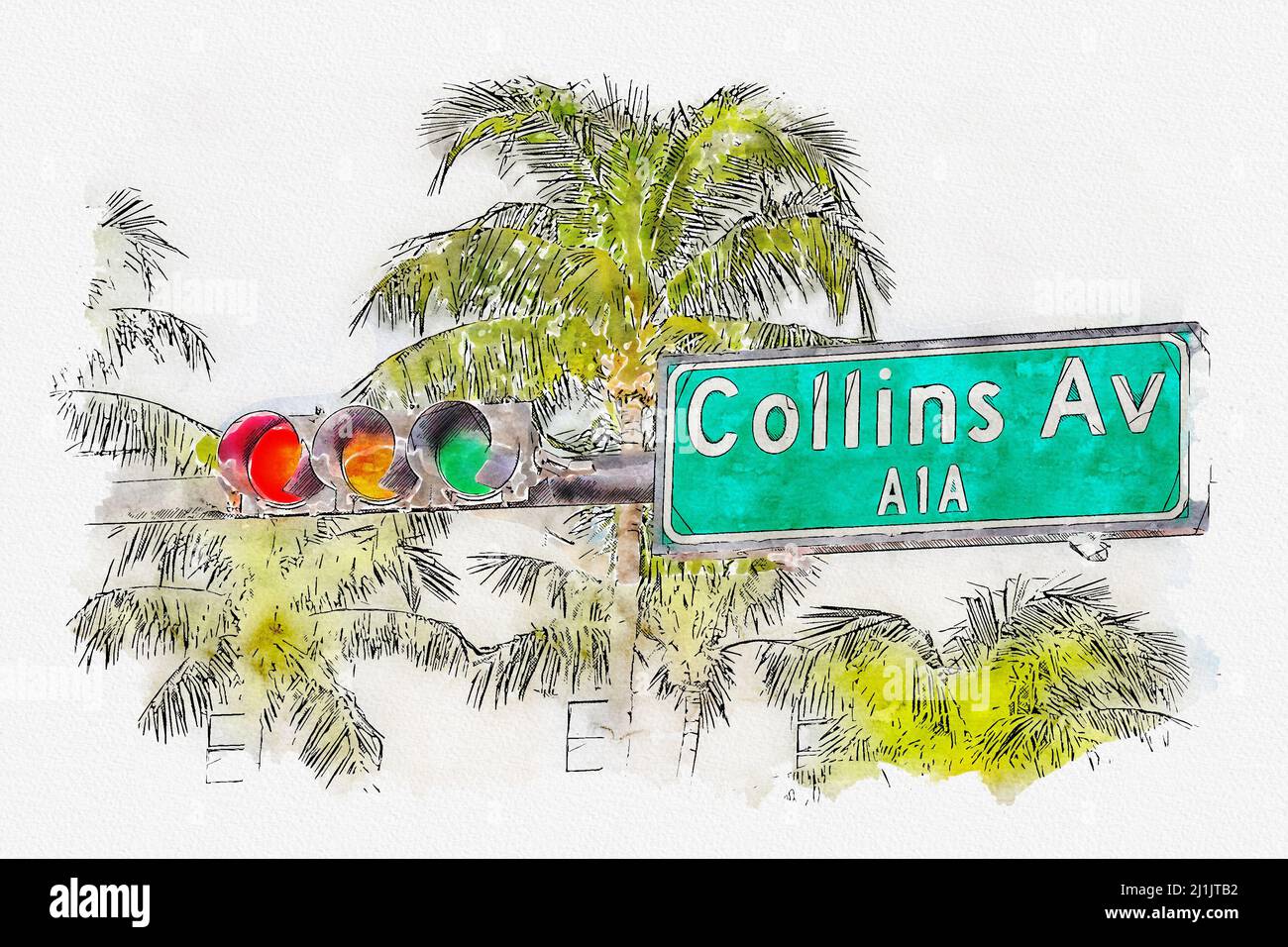 Illustration aquarelle du panneau de rue Collins avenue dans le quartier Art déco du sud de Miami, aux États-Unis Banque D'Images