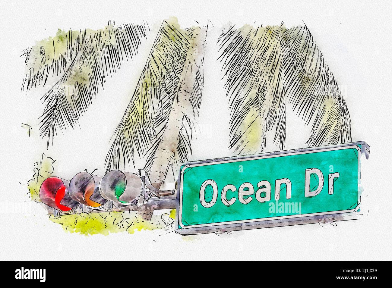 Illustration aquarelle du panneau de rue Ocean Drive dans le quartier Art Deco du sud de Miami aux États-Unis Banque D'Images