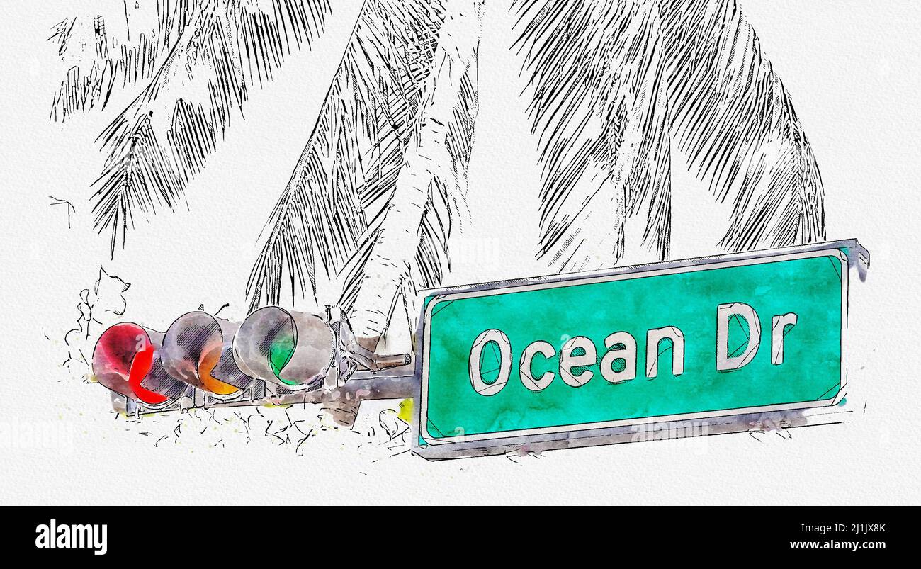 Illustration aquarelle du panneau de rue Ocean Drive dans le quartier Art Deco du sud de Miami aux États-Unis Banque D'Images