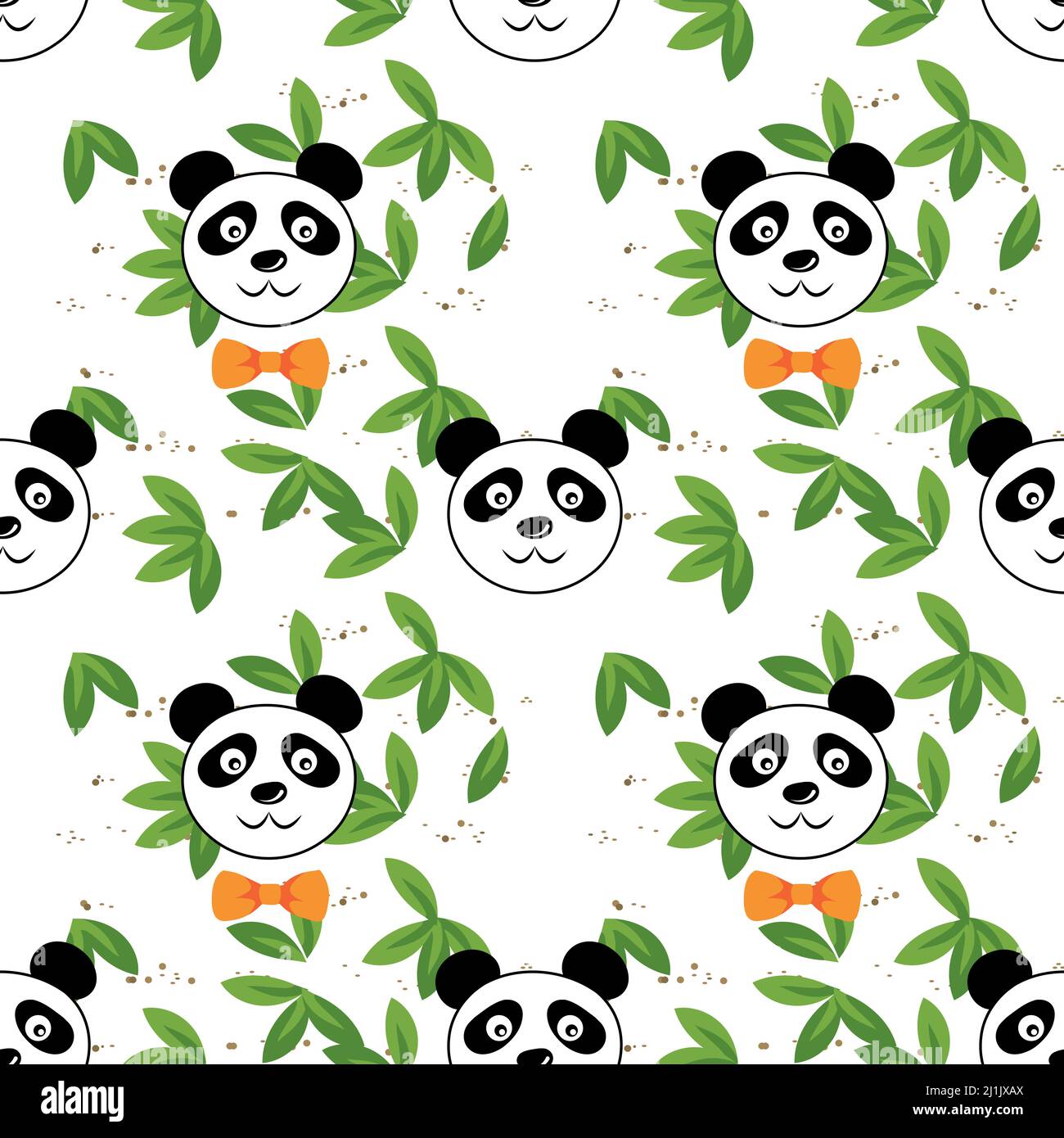 Sans couture joli visage panda portant noeud papillon avec feuilles de bambou vert, animal de compagnie dans le style de dessin animé. Imprimé enfants amusant. Illustration vectorielle isolée Illustration de Vecteur